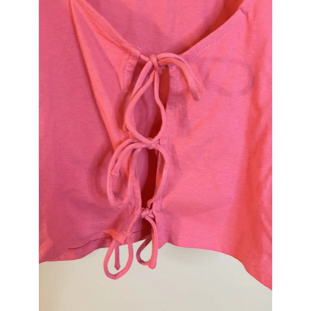 FREE PEOPLE Pink Kitty Tie‎ Front Crop Puff Sleeve Top L Coquette